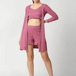 Blamblack Pink Cotton Mini Crop Top With Shorts & Shrug-image-31