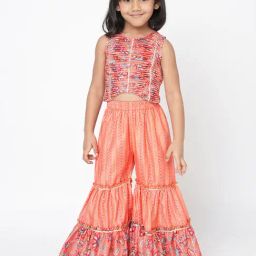 Lil Drama Kids Orange Floral Print Crop Top With Sharara-image-56