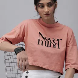 The Roadster Lifestyle Co Women Pink  Black Printed Drop-Shoulder Sleeves Pure Cotton Crop T-shirt-image-15
