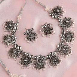 OOMPH Oxidized Silver Tone Kundan & Pearls Floral Choker Necklace Set with Drop Earrings-image-71
