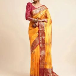 Satrani Yellow & Golden Woven Saree With Unstitched Blouse-image-46