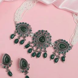 OOMPH Oxidized Silver Tone Maroon Pink Jaipur Stone Choker Necklace Set with Drop Earrings-30