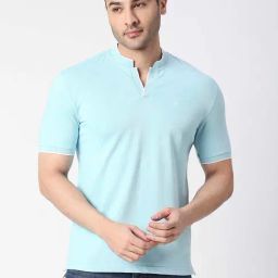 Dragon Hill Sky Blue Slim Fit Henley T-Shirt-image-50