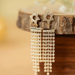 Rukhmani Gold Plated American Diamond Studded Contemporary Drop Earrings-image-101