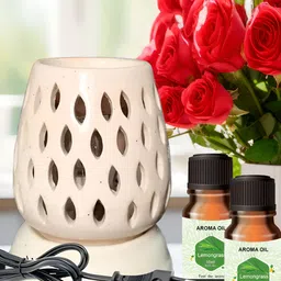 PEEPALCOMM 3-Pcs White & Green Ceramic Electric Diffuser & Lemongrass AromaOil10ml Each-36