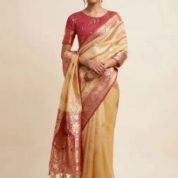 Satrani Beige & Golden Woven Saree With Unstitched Blouse-image-43