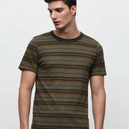 SELECTED HOMME Green Slim Fit Stripes Cotton Crew T-Shirt-image-97