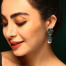 Priyaasi Silver-Plated Emarld Oxidized Classic Drop Earrings-3