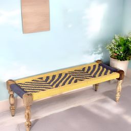 Ikiriya Yellow & Purple Wooden 3 Seater Bench Rope Canning-8