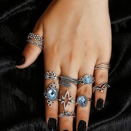 Shining Diva Fashion Set Of 11 Silver-Plated Crystal-Studded Fingers Rings-image-56