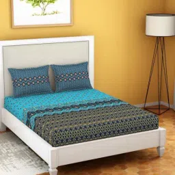 Welspun Moments Printed Dark Teal Cotton Queen Fitted Bed Sheet with 2 Pillow Covers-picture-23