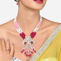 Zaveri Pearls Pink Multistrand Crystal Kundan Bridal Necklace Earring Ring Set-ZPFK15902-22