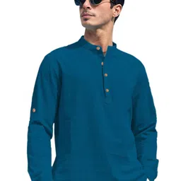 APEKTRA Band Collar Roll-Up Sleeves Slim Fit Short Kurta-picture-2