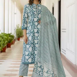 Anouk Rustic Floral Printed Mandarin Collar Pure Cotton Kurta With Trouser & Dupatta-image-89