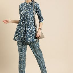 Anouk Women Blue Printed Pure Cotton Kurta with Trousers-picture-29