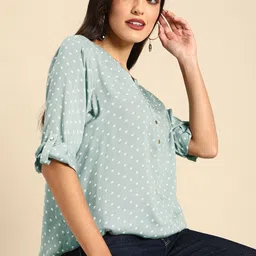 all about you Green Polka Dot Print Pure Cotton Roll-Up Sleeves Top-image-23