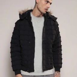 Campus Sutra Black Regular Fit Self Design Hooded Jacket-picture-22