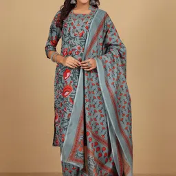 Varanga Women Floral Printed Mandarin Collar Kurta with Trousers & Dupatta-image-48