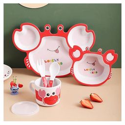 Earthism Eco-Friendly Bamboo Fibre Dinner Set of 5 Pieces Crab Print - Red White-23
