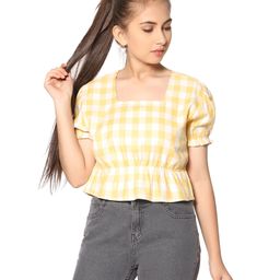 TeenTrums Half Puffed Sleeves Gingham Checked Woven Peplum Style Top - Yellow-picture-14