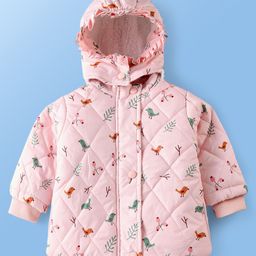 Babyoye Woven Full Sleeves Padded Hooded Jacket With Floral & Birds Print - Baby Pink-image-80