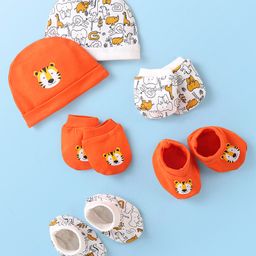 Doodle Poodle 100% Cotton Tiger Printed Cap Mittens & Booties Set Orange & White Pack of 2 - Diameter 10 cm-image-83