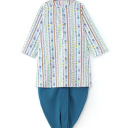 Babyhug 100% Cotton Woven Full Sleeves Kurta & Dhoti Set With Floral Print - White & Blue-picture-1