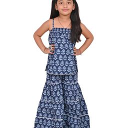 CLOTH BITES Sleeveless Floral Printed & Lace Embellished Kurta With Sharara - Blue-image-75