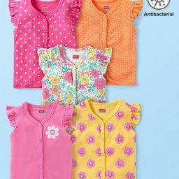 Babyhug 100% Cotton Antibacterial Half Sleeves Front Open Vest Floral Print Pack of 5 - Multicolour-image-119