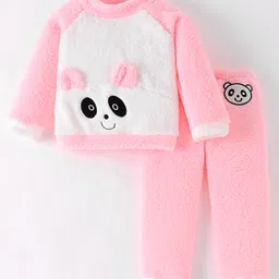 Kookie Kids Raglan Sleeves Winter Wear Night Suit With Panda Applique - Pink-picture-14
