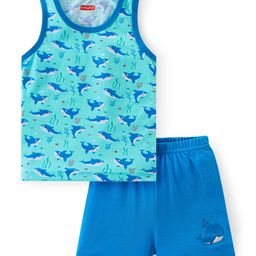 Babyhug 100% Cotton Single Jersey Sleeveless Sando Shorts Set Whale Print - Blue-picture-3