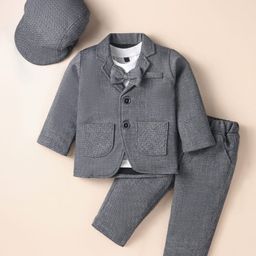 Robo Fry Lycra Knit Half Sleeves T-Shirt & Pant Party Set With Blazer Hat & Bow Applique - Grey-image-77