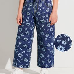 Babyhug Denim Full Length Stretch Jeans With Floral Print - Blue-image-18
