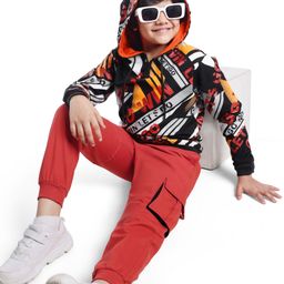 Ollington St. 100% Cotton Knit Full Sleeves Hooded Sweatshirt & Joggers Set with Text Print - Red & Black-picture-44