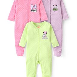 Babyhug DisneyInterlock Knit Full Sleeves Front Open Sleep Suit with Minnie Mouse Graphics Pack of 3 -Pink Purple & Neon Green-image-83