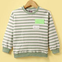 Little Kangaroos Fleece Knitted Full Sleeves Pullover Sweater With Striped Design & Text Patch - Olive Green-image-76