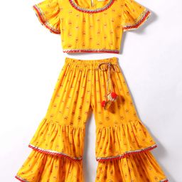 Saka Designs Rayon Woven Half Sleeves Floral Printed Top & Palazzo Set with Lace & Frill Detailing - Mustard-image-86