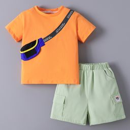 Mark & Mia Cotton Half Sleeves T-Shirt & Shorts Set With Fanny Pack Print - Orange & Mint-image-62