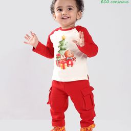 Babyoye 100% Cotton Knit With Eco Jiva Finish Christmas Theme Print Full Raglan Sleeves T-Shirt & Lounge Pant Set -Red & White-image-85
