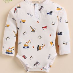 Cot & Candy Organic Cotton Full Sleeves Construction Vehicles Printed Onesie - Cream-image-13