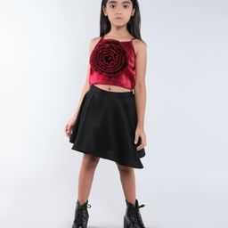 Taffykids Sleeveless Rose Applique Detailed Party Crop Top With Circle Skirt Set - Wine & Black-image-36