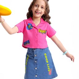 Ollington St. 100% Cotton Knit Half Sleeves Shirt Top & Stretchable Denim Skirt Set - Dark Pink & Blue-image-33