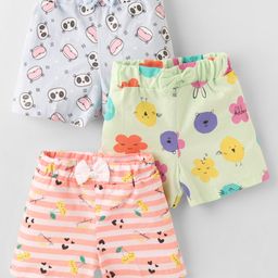 Teddy Sinker Knit Knee Length Shorts with Animal Print & Bow Applique Pack of 3 - White Light Green & Blue-picture-14