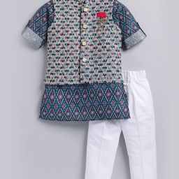 LITTLE COLLARS Cotton Blend Full Sleeves Ikat Printed Kurta Pyjama With Thread Work Detailed Nehru Jacket Set - Blue-image-86