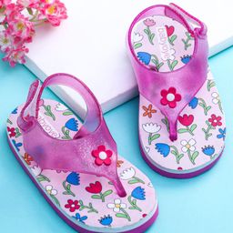 Babyoye Flip Flops With Velcro Closure & Floral Print - Pink & White-image-34