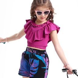 Ollington St. Cotton Knit Frill Sleeves Top & Twill Lycra Leaf Printed Shorts Set - Purple & Multicolor-image-81