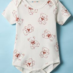 Kookie Kids Interlock Knit Half Sleeves Onesie With Teddy Bear Print - Beige-image-56
