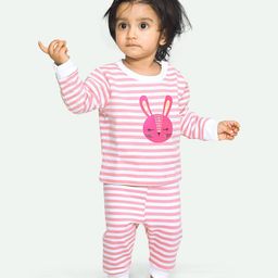 Ariel Pure Cotton Full Sleeves Bunny Printed & Striped Tee With Coordinating Pajama Set - Pink-picture-22