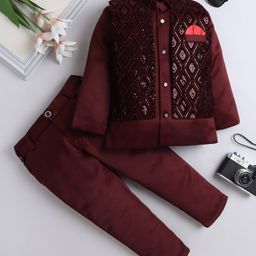 Fourfolds Full Sleeves Solid Indo Blazer & Trouser Set With Embroidered Waistcoat - Wine-picture-22