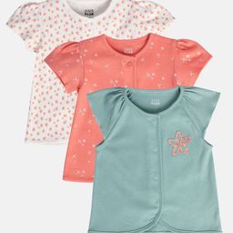 MINI KLUB Cotton Pack Of 3 Half Sleeves Floral Printed Jhablas - Pink Blue & White-image-44